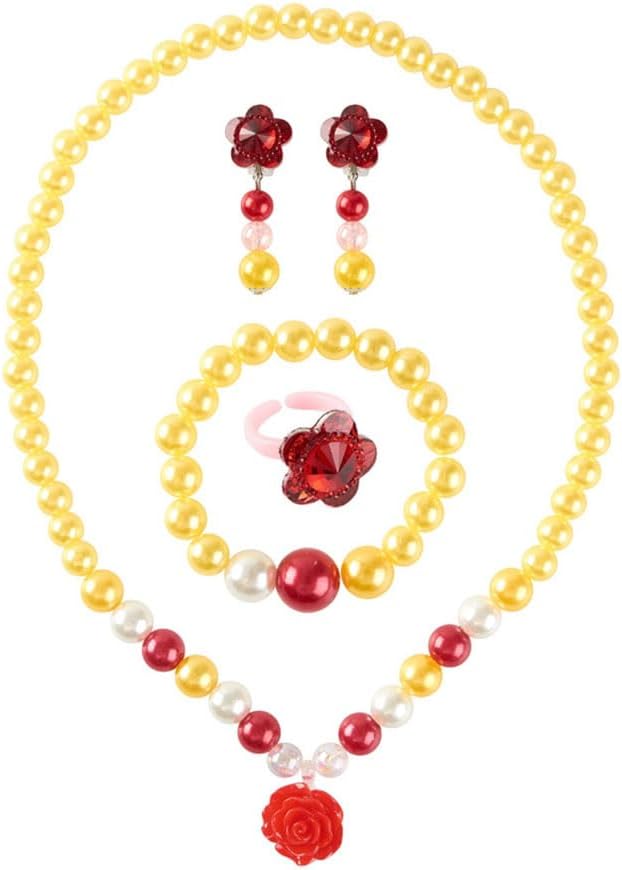 Princess Belle Costume Dress up Accessories for Girls Belle Gloves Tiara Crown Necklace Earrings Bracelet Ring Hair Bow and Rose Flower Set Princess Halloween Cosplay Accessories Christmas Gifts Set