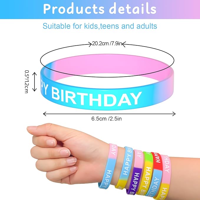CHRORINE Happy Birthday Rubber Bracelets 12 Styles Silicone Wristbands for Classroom Birthday Party Favors 72 Pieces