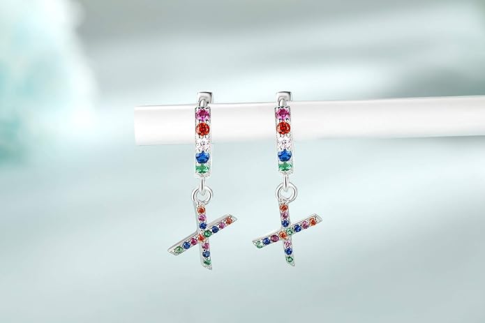 Presentski Initial Earrings 925 Sterling Silver Colorful Huggie Small Hoop Earrings Rainbow CZ Drop Dangle Simple Alphabet Earrings S925 Hypoallergenic Earring Letter A-Z for Daughter Women