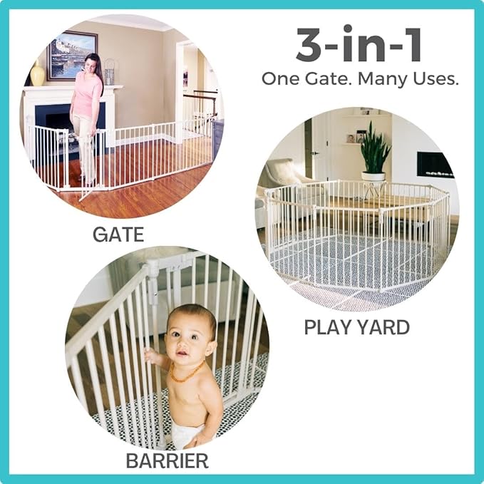 Toddleroo by North States 3 in 1 Metal Superyard 8 Panel Play Yard, Baby Gate, Playpen or Extra Wide Baby Fence, 199" Wide. Wall Mount Kit Included. 19 sq ft play yard (30" tall, Taupe)