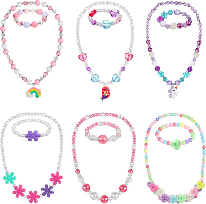 Sumind 6 Sets Play Jewelry for Little Girls Princess Necklace Bracelet Set Includes Kid Beaded Necklace Bracelet for Toddler Christmas Birthday Party Favors Cosplay(Mermaid, Rainbow Style)