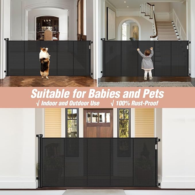 Reinforced 42" Extra Tall x 75" Wide Retractable Baby Gate with Support Rods - Prevents Crawling Under Extra Tall Dog Gate Indoor Mesh Gate Outdoor Long Baby Gate Tall Dog Gates for Doorways, Black