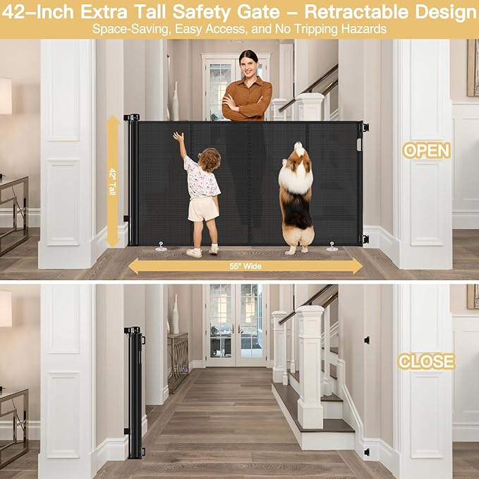 Reinforced 42" Extra Tall Pet Gate 55" Wide Retractable Baby Gate with Support Rods - Tall Retractable Dog Gate Indoor/Outdoor Retractable Gate, Bottom Anti-Escape Tall Dog Gates for Doorways, Black