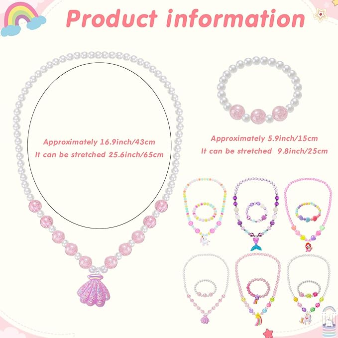 Sumind 6 Sets Play Jewelry for Little Girls Princess Necklace Bracelet Set Includes Kid Beaded Necklace Bracelet for Toddler Christmas Birthday Party Favors Cosplay(Shell, Star, Mermaid, Heart)