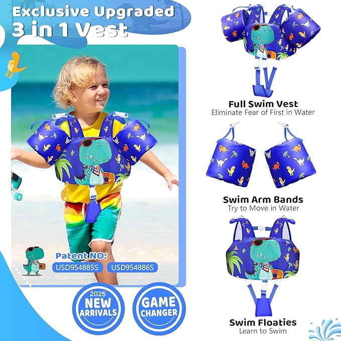 Vvinca Separable Toddler Swim Vest Fit 22-66 Lbs(1-6 Years)|2025 Newest 3 in 1 Pool Float & Arm Bands Boys and Girls, Adjustable Sturdy Safety for Infant 1 2 3 4 5 6 Year