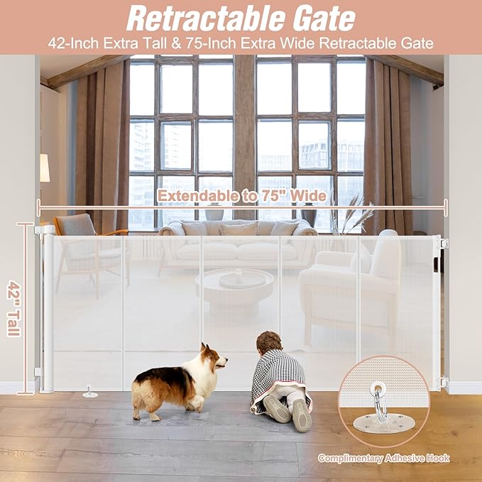 Reinforced 42" Extra Tall x 75" Wide Retractable Gate with Support Rods - Prevent Crawling Under Extra Tall Baby Gate Retractable Dog Gate Indoor Long Dog Gate Outdoor Retractable Pet Gate, White