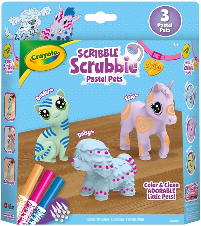 Crayola Scribble Scrubbie Pastel Pets (3ct), Grooming Pet Toy for Kids, Washable Animal Figurine, Arts & Crafts, Gift for Girls & Boys, 3+