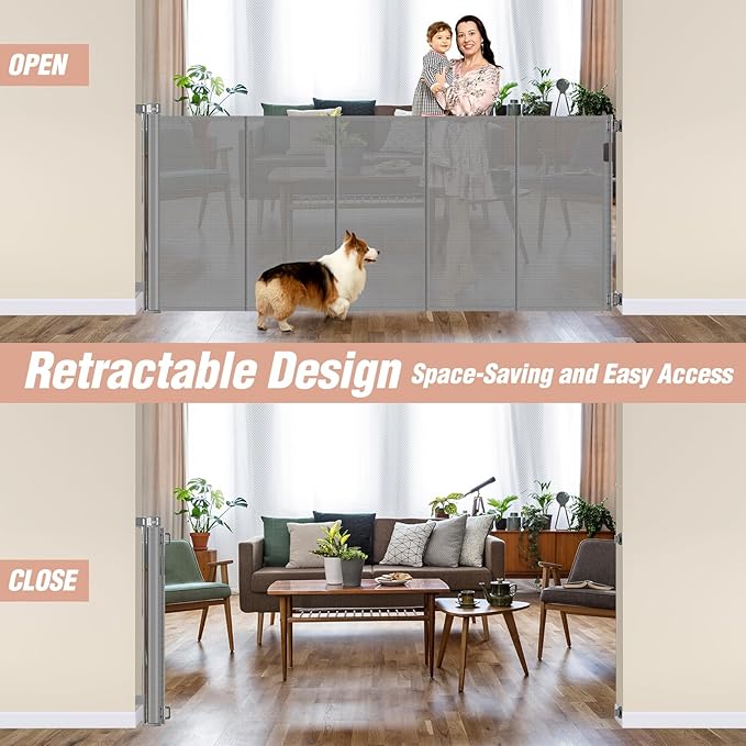 Reinforced 42" Extra Tall x 75" Wide Retractable Baby Gates with Support Rods - Prevent Crawling under Extra Tall Pet Gate Indoor Mesh Baby Gate Tall Baby Gates for Dogs Outdoor Retractable Gate, Gray