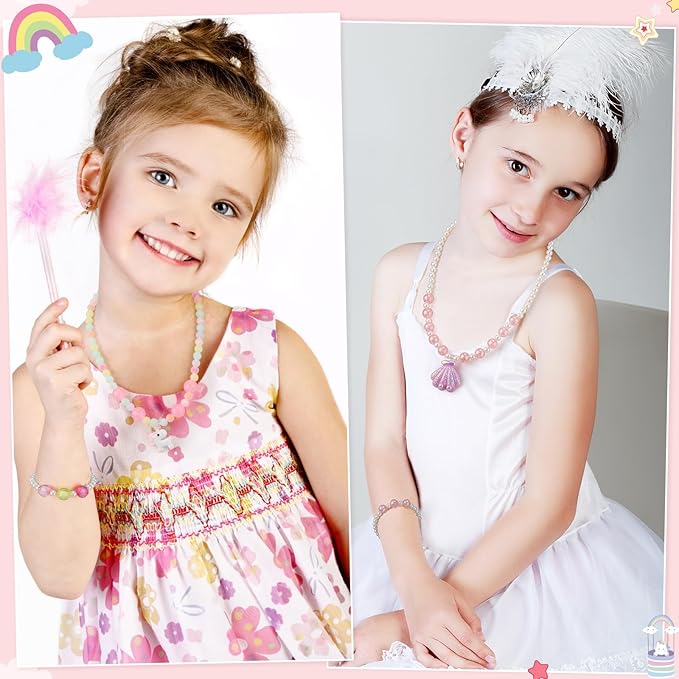 Sumind 6 Sets Play Jewelry for Little Girls Princess Necklace Bracelet Set Includes Kid Beaded Necklace Bracelet for Toddler Christmas Birthday Party Favors Cosplay(Shell, Star, Mermaid, Heart)