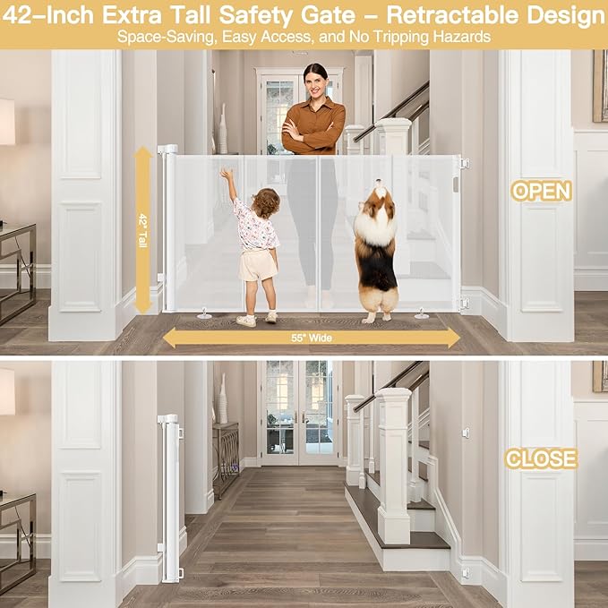 Reinforced 42" Extra Tall Retractable Baby Gates Extra Tall Dog Gate with Support Rods, 55" Wide Mesh Baby Gate Retractable Pet Gate Indoor/Outdoor Tall Baby Gates for Dogs - Bottom Anti-Escape, White
