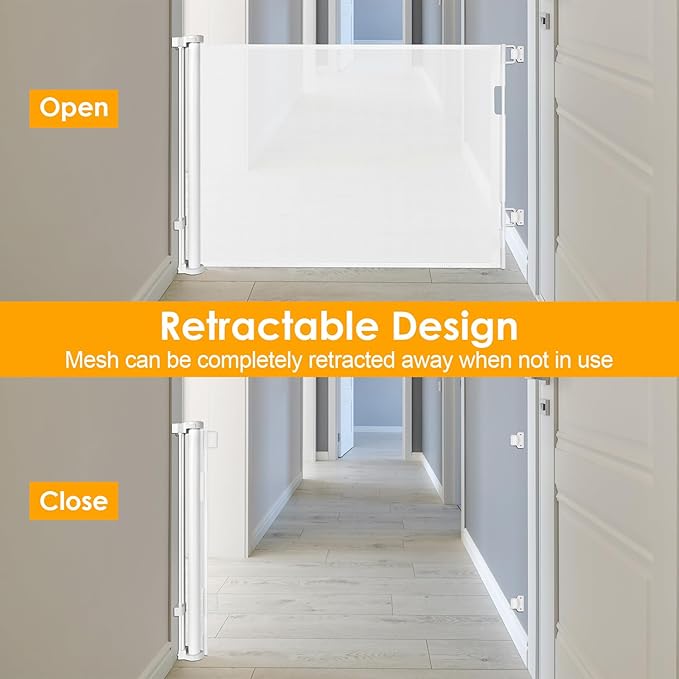 Retractable Baby Gates for Stairs 60” Wide Mesh Baby Gates for Doorways Retractable Dog Gate for Kid Child Gates for stairs Outdoor Baby Gate Toddler Gate for Stair Safety Doorway Baby Gate Deck Gates