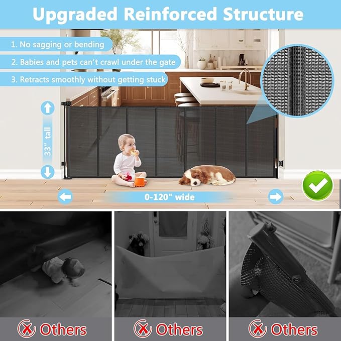 Reinforced Bottom 120 Inch Retractable Baby Gates Extra Wide Baby Gates for Large Openings 10 Ft Retractable Dog Gates for Doorways Extra Wide Outdoor Retractable Gates for Dogs Extra Long Pet Gate