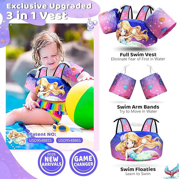 Vvinca Separable Toddler Swim Vest Fit 22-66 Lbs(1-6 Years)|2025 Newest 3 in 1 Pool Float & Arm Bands Boys and Girls, Adjustable Sturdy Safety for Infant 1 2 3 4 5 6 Year