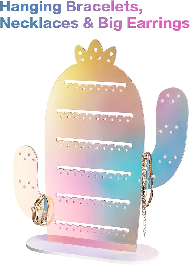 NiHome Cactus Iridescent Acrylic Earring Organizer, 11.2"x12.8", Earring Holder Organizer, Earring Stud Organizer, Plastic Clear Acrylic Earring Rack Holder Organizer for Girl Women
