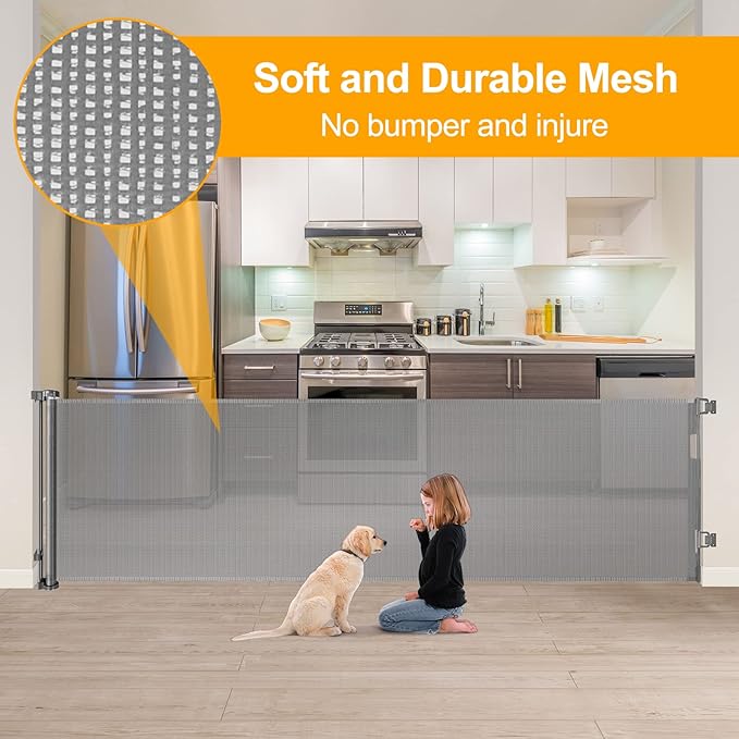 WOMHOM 100 Inch Extra Wide Baby Gate for Large Opening Outdoor Retractable Baby Gates for Doorways Extra Long Retractable Dog gate Extra Large Pet Gates for Dogs Indoor Mesh Baby Gate (Grey)