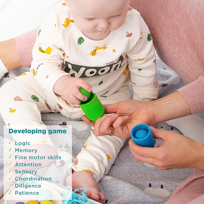 Ulanik Rainbow Balls in Cups Toddler Montessori Toys for 1+ Year Old Kids Wooden Matching Game for Learning Color Sorting and Counting โ 7 Balls, 1.18 in