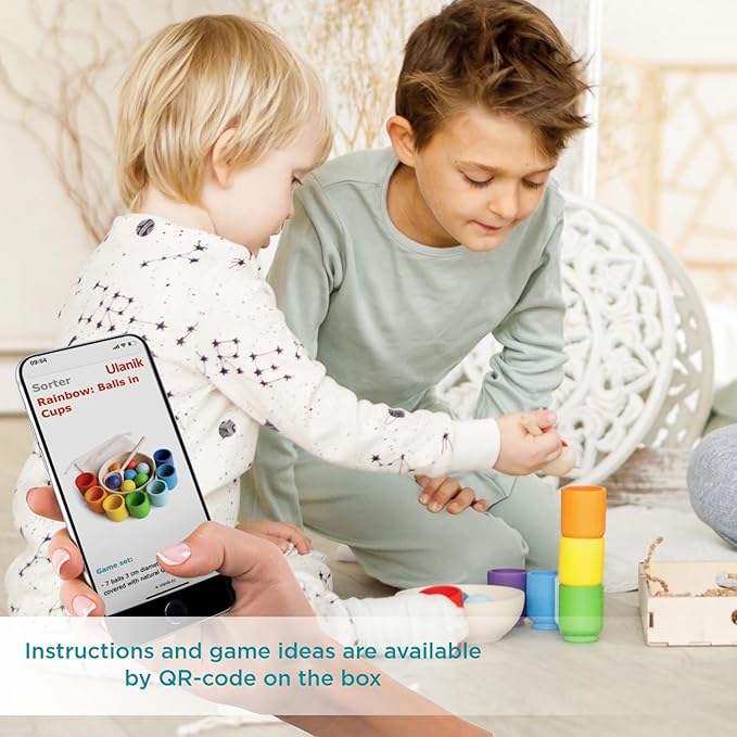Ulanik Rainbow Balls in Cups Toddler Montessori Toys for 1+ Year Old Kids Wooden Matching Game for Learning Color Sorting and Counting โ 7 Balls, 1.18 in