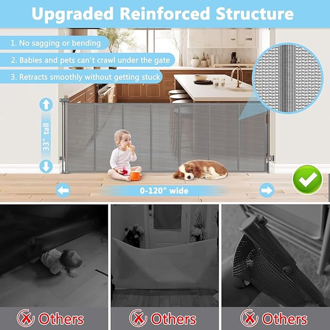 Reinforced 120 Inch Retractable Dog Gate Extra Wide Retractable Baby Gate Stop Bottom Crawling Over Babies and Pets Retractable Pet Gate Puppy Gate for The House Extra Wide Child Gate for Wide Opening