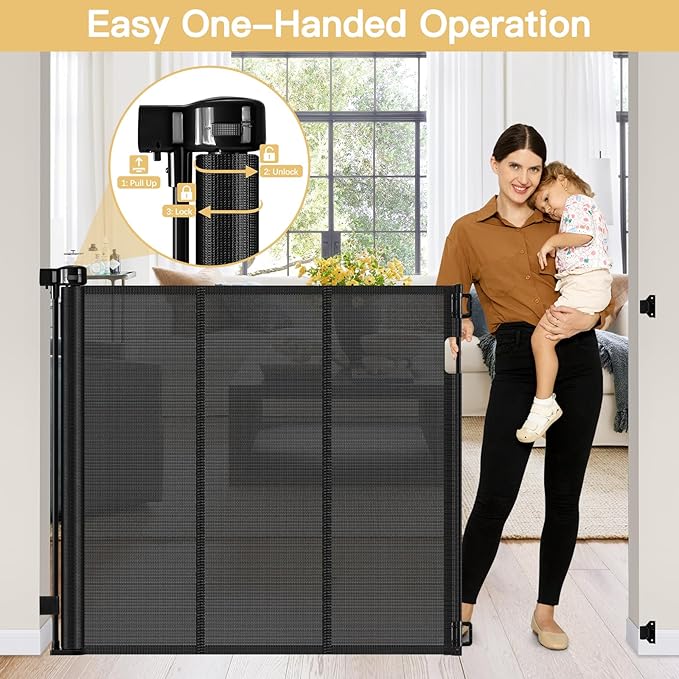 Reinforced 42" Extra Tall Pet Gate 55" Wide Retractable Baby Gate with Support Rods - Tall Retractable Dog Gate Indoor/Outdoor Retractable Gate, Bottom Anti-Escape Tall Dog Gates for Doorways, Black