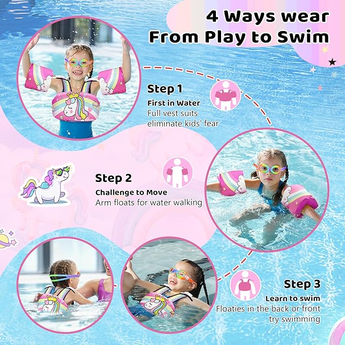 Vvinca Separable Toddler Swim Vest Fit 22-66 Lbs(1-6 Years)|2025 Newest 3 in 1 Pool Float & Arm Bands Boys and Girls, Adjustable Sturdy Safety for Infant 1 2 3 4 5 6 Year