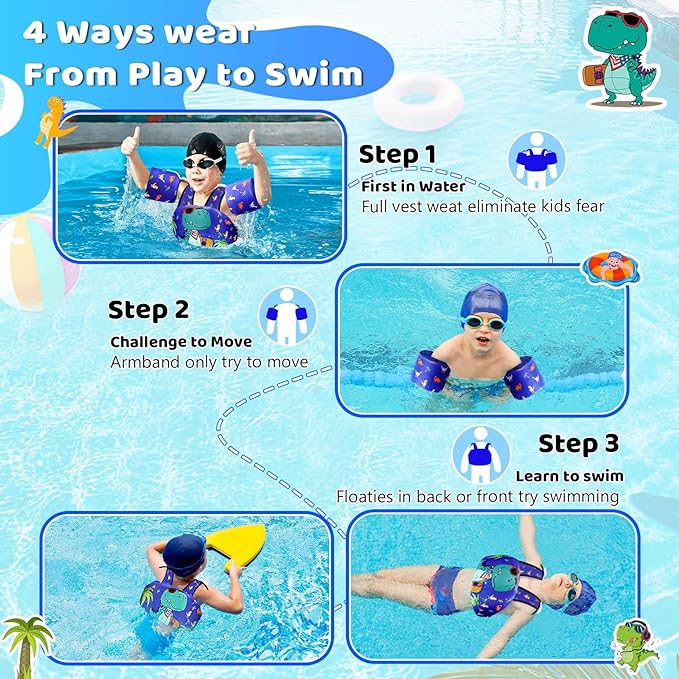Vvinca Separable Toddler Swim Vest Fit 22-66 Lbs(1-6 Years)|2025 Newest 3 in 1 Pool Float & Arm Bands Boys and Girls, Adjustable Sturdy Safety for Infant 1 2 3 4 5 6 Year