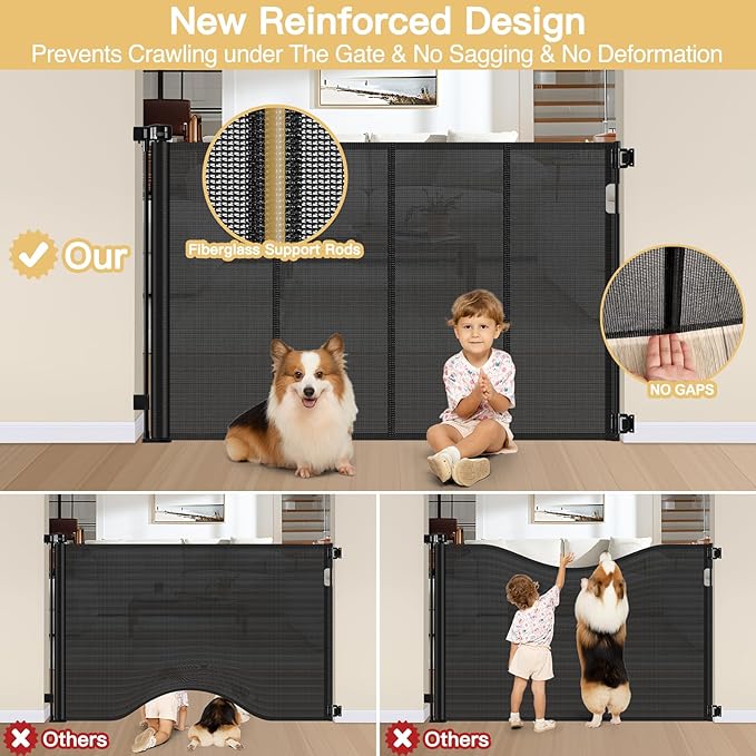 Reinforced 42" Extra Tall Pet Gate 55" Wide Retractable Baby Gate with Support Rods - Tall Retractable Dog Gate Indoor/Outdoor Retractable Gate, Bottom Anti-Escape Tall Dog Gates for Doorways, Black