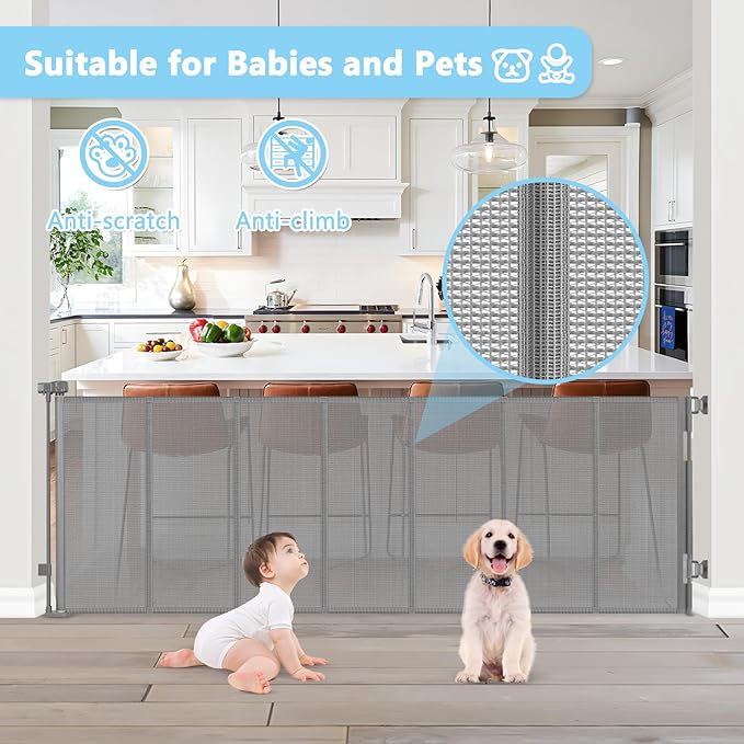 Reinforced 120 Inch Retractable Dog Gate Extra Wide Retractable Baby Gate Stop Bottom Crawling Over Babies and Pets Retractable Pet Gate Puppy Gate for The House Extra Wide Child Gate for Wide Opening