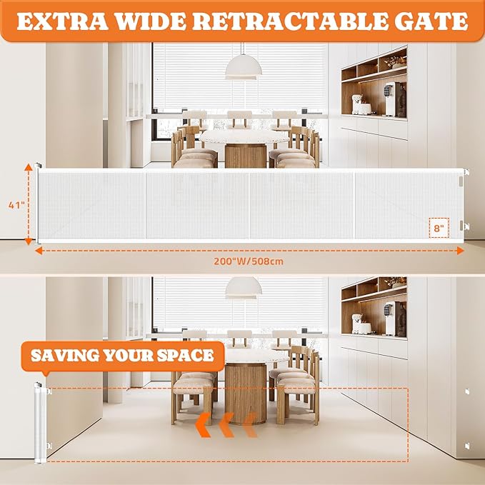 Pawtners Retractable Baby Gates Extra Wide, 41" Tall Extends up to 200" Wide, Dog Gate Indoor with Cat Door for Stairs, Pet Gate with Support Rods for Doorways Hallways Indoor & Outdoor-White