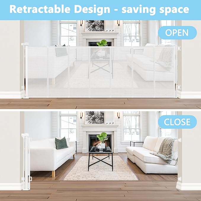 Reinforced 120 Inch Extra Wide Retractable Baby Gates For Doorways Extra Long Baby Gates for Large Openings Outdoor 10 Ft Retractable Child Gates for Doorways Indoor Retractable Dog Gate for The House