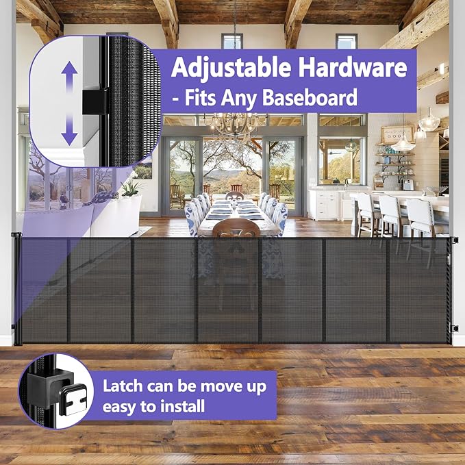 Reinforced 42" Tall Retractable Dog Gate, 155" Extra Long Retractable Baby Gate with Support Rods - Prevent Crawling Under, Indoor/Outdoor Retractable Gate Extra Tall Baby Gate Retractable Fence/Black
