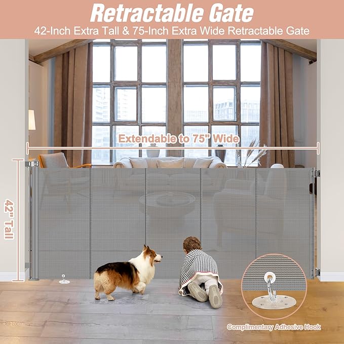 Reinforced 42" Extra Tall x 75" Wide Retractable Baby Gates with Support Rods - Prevent Crawling under Extra Tall Pet Gate Indoor Mesh Baby Gate Tall Baby Gates for Dogs Outdoor Retractable Gate, Gray