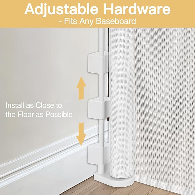 Reinforced 42" Extra Tall Retractable Baby Gates Extra Tall Dog Gate with Support Rods, 55" Wide Mesh Baby Gate Retractable Pet Gate Indoor/Outdoor Tall Baby Gates for Dogs - Bottom Anti-Escape, White