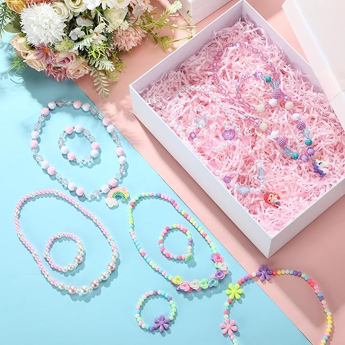 Sumind 6 Sets Play Jewelry for Little Girls Princess Necklace Bracelet Set Includes Kid Beaded Necklace Bracelet for Toddler Christmas Birthday Party Favors Cosplay(Mermaid, Rainbow Style)