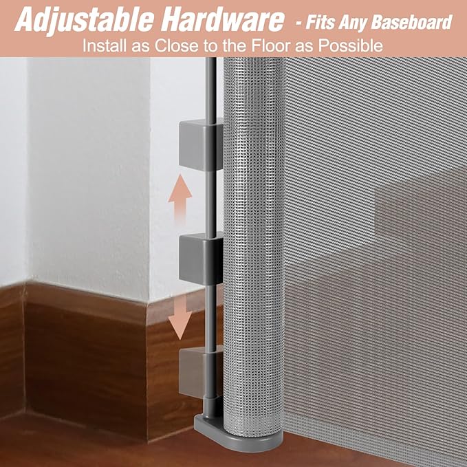 Reinforced 42" Extra Tall x 75" Wide Retractable Baby Gates with Support Rods - Prevent Crawling under Extra Tall Pet Gate Indoor Mesh Baby Gate Tall Baby Gates for Dogs Outdoor Retractable Gate, Gray