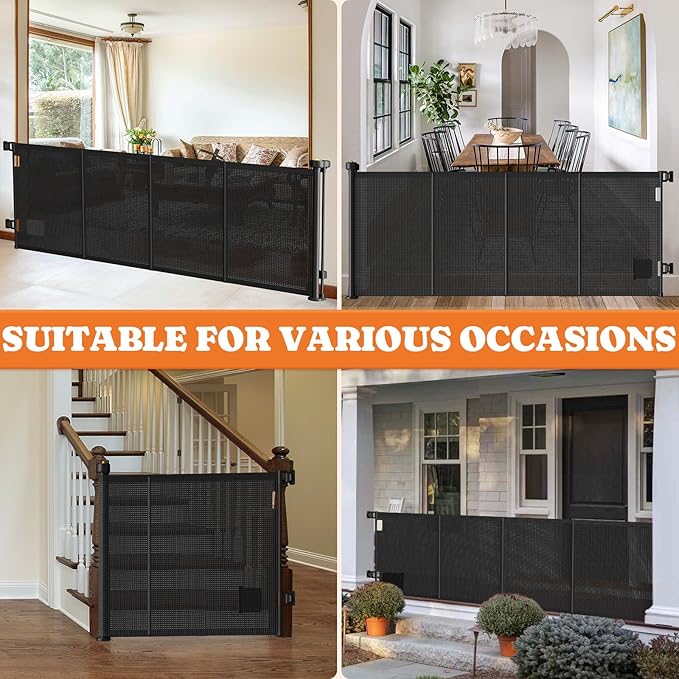 Pawtners Retractable Baby Gates Extra Wide, 41" Tall Extends up to 71" Wide, Dog Gate Indoor with Cat Door for Stairs, Pet Gate with Support Rods for Doorways Hallways Indoor & Outdoor-Black