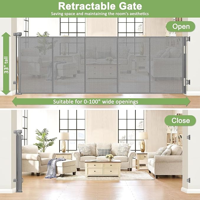 Reinforced 100 Inch Extra Long Baby Gates for Large Openings Retractable Baby Gate Retractable Dog Gate for Doorways Extra Wide Mesh Baby Gate Retractable Child Gates for Wide Openings Large Baby Gate