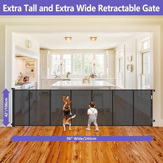 Reinforced 42 Inch Extra Tall Pet Gate with Support Rods, 96" Wide Retractable Baby Gate, Prevent Crawling Under Extra Tall Retractable Dog Gate Indoor Retractable Gate Outdoor Gates for Decks, Black