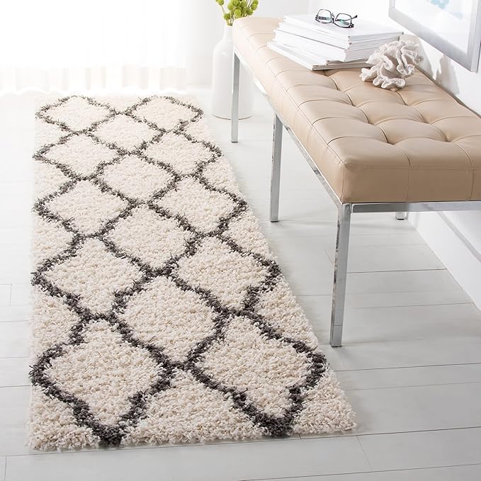 SAFAVIEH Dallas Shag Collection 2'3" x 10' Ivory / Dark Grey SGDS257H Trellis Non-Shedding Living Room Bedroom Dining Room Entryway Plush 1.5-inch Thick Runner Rug