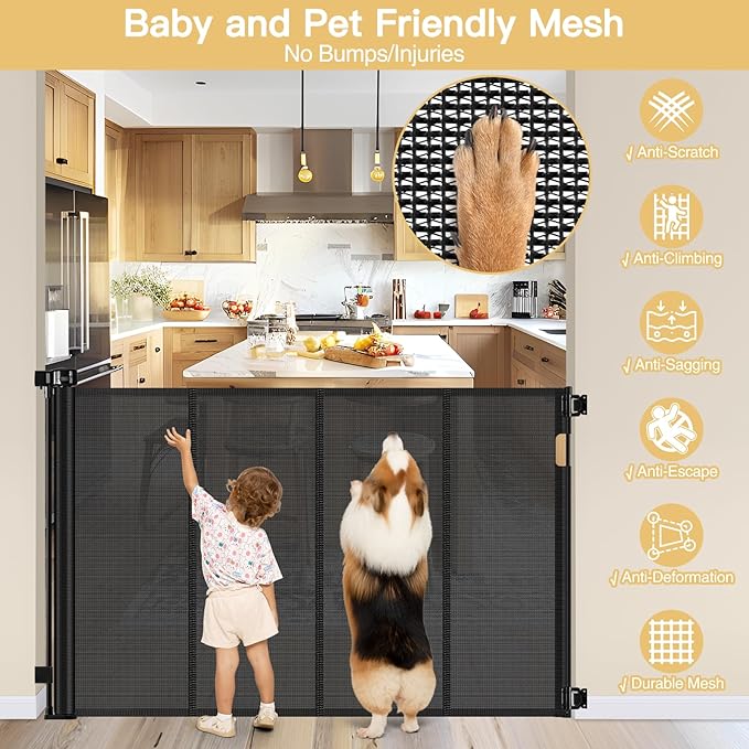 Reinforced 42" Extra Tall Pet Gate 55" Wide Retractable Baby Gate with Support Rods - Tall Retractable Dog Gate Indoor/Outdoor Retractable Gate, Bottom Anti-Escape Tall Dog Gates for Doorways, Black