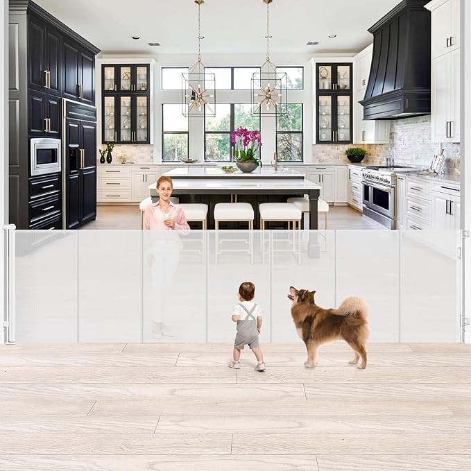 Newly Enhanced - 42" Tall × 120" Extra Wide Retractable Baby Gate Keeps Pets from Getting Under Tall Dog Gate, Indoor/Outdoor Tall Baby Gates for Dogs, Retractable Dog Gate for Large Openings, White
