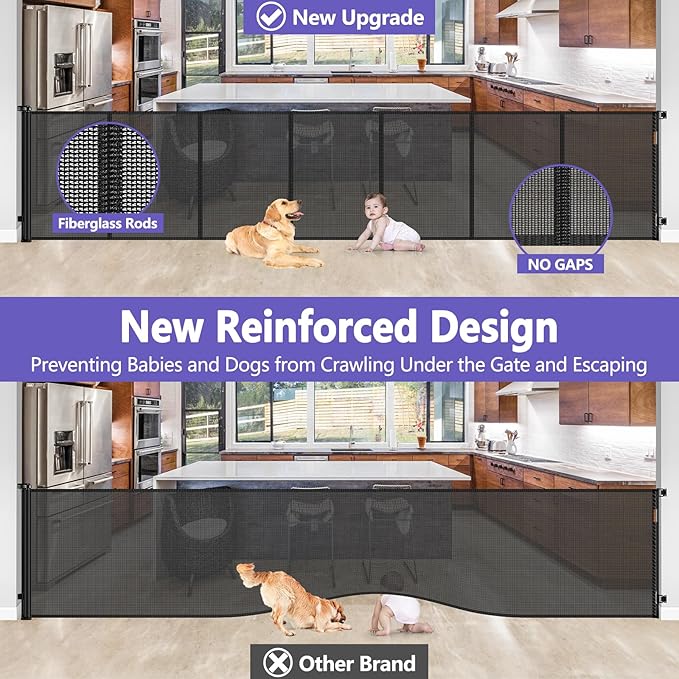Reinforced 42" Tall Retractable Dog Gate, 155" Extra Long Retractable Baby Gate with Support Rods - Prevent Crawling Under, Indoor/Outdoor Retractable Gate Extra Tall Baby Gate Retractable Fence/Black