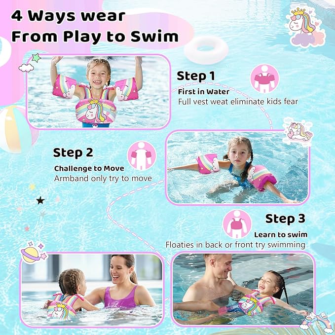 Vvinca Separable Toddler Swim Vest Fit 22-66 Lbs(1-6 Years)|2025 Newest 3 in 1 Pool Float & Arm Bands Boys and Girls, Adjustable Sturdy Safety for Infant 1 2 3 4 5 6 Year