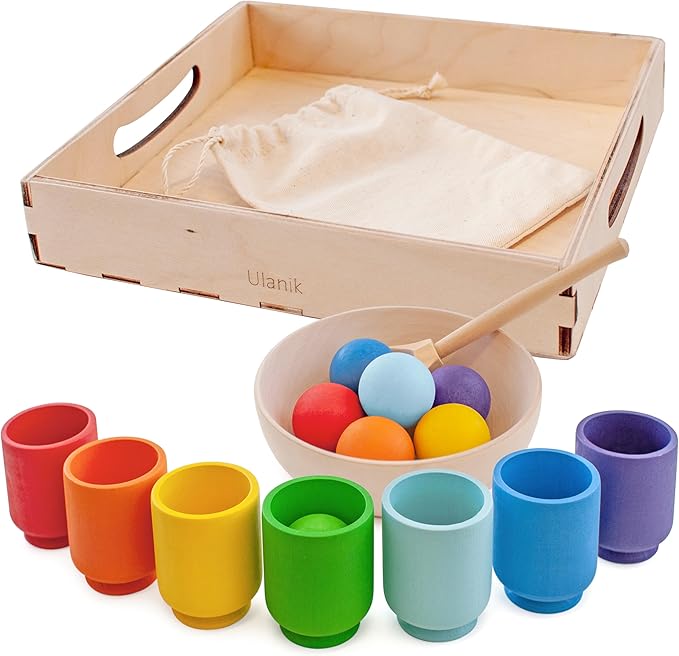 Ulanik Rainbow Balls in Cups Toddler Montessori Toys for 1+ Year Old Kids Wooden Matching Game for Learning Color Sorting and Counting โ 7 Balls, 1.18 in