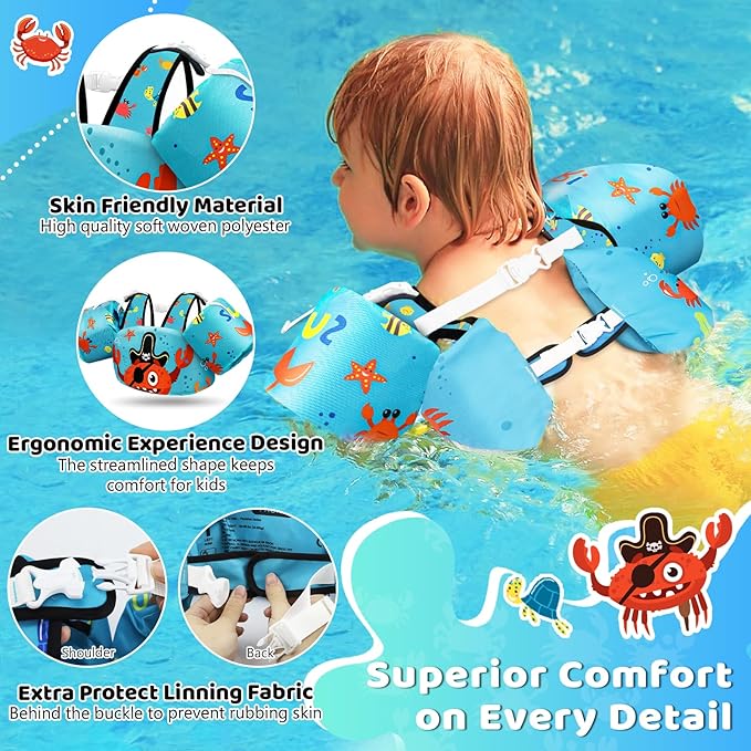 Vvinca Separable Toddler Swim Vest Fit 22-66 Lbs(1-6 Years)|2025 Newest 3 in 1 Pool Float & Arm Bands Boys and Girls, Adjustable Sturdy Safety for Infant 1 2 3 4 5 6 Year