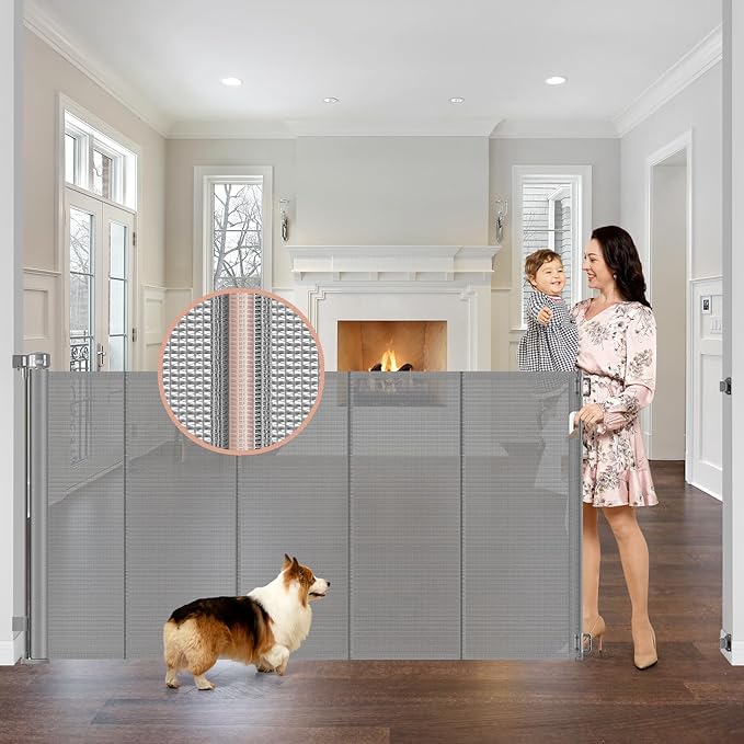 Reinforced 42" Extra Tall x 75" Wide Retractable Baby Gates with Support Rods - Prevent Crawling under Extra Tall Pet Gate Indoor Mesh Baby Gate Tall Baby Gates for Dogs Outdoor Retractable Gate, Gray
