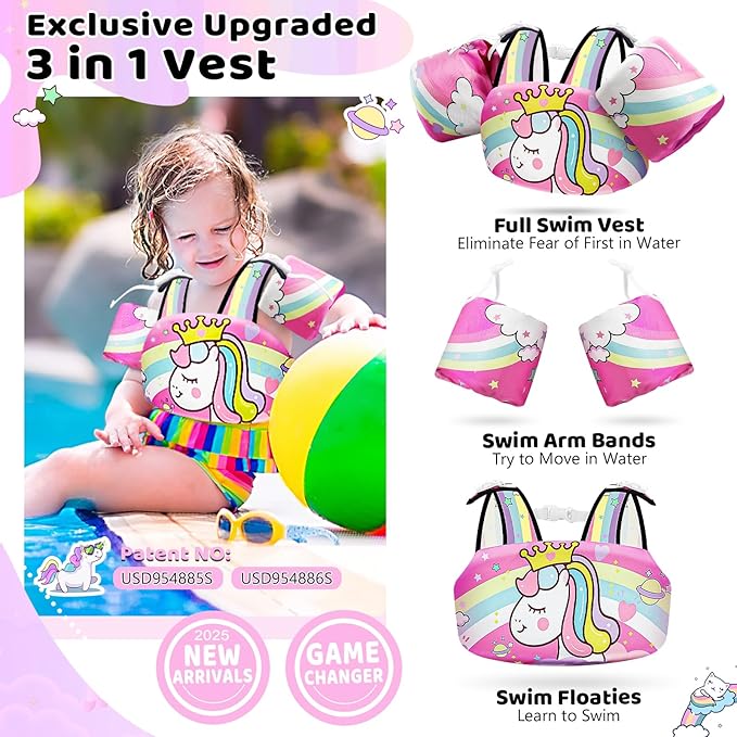 Vvinca Separable Toddler Swim Vest Fit 22-66 Lbs(1-6 Years)|2025 Newest 3 in 1 Pool Float & Arm Bands Boys and Girls, Adjustable Sturdy Safety for Infant 1 2 3 4 5 6 Year
