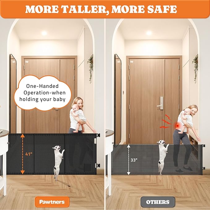 Pawtners Retractable Baby Gates Extra Wide, 41" Tall Extends up to 200" Wide, Dog Gate Indoor with Cat Door for Stairs, Pet Gate with Support Rods for Doorways Hallways Indoor & Outdoor-Black