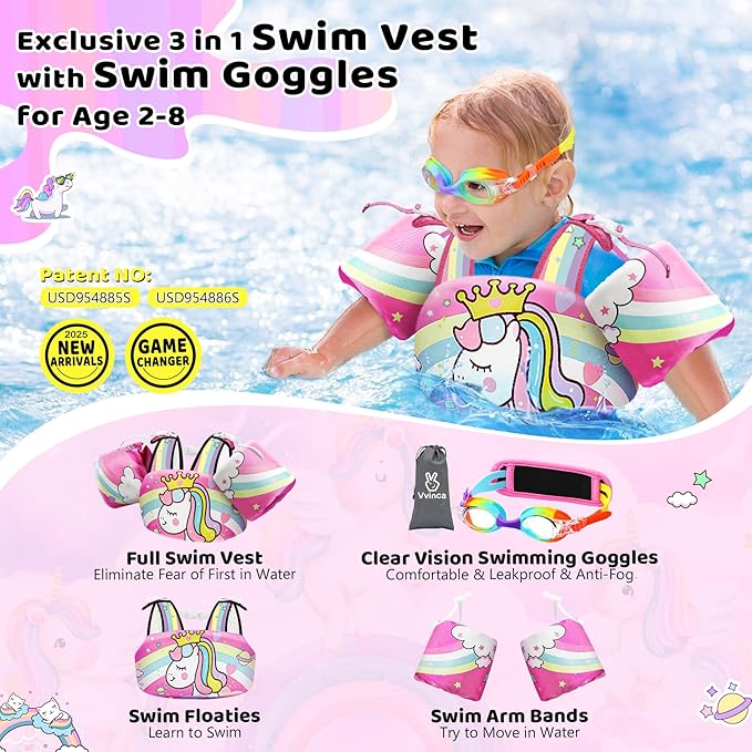 Vvinca Separable Toddler Swim Vest Fit 22-66 Lbs(1-6 Years)|2025 Newest 3 in 1 Pool Float & Arm Bands Boys and Girls, Adjustable Sturdy Safety for Infant 1 2 3 4 5 6 Year