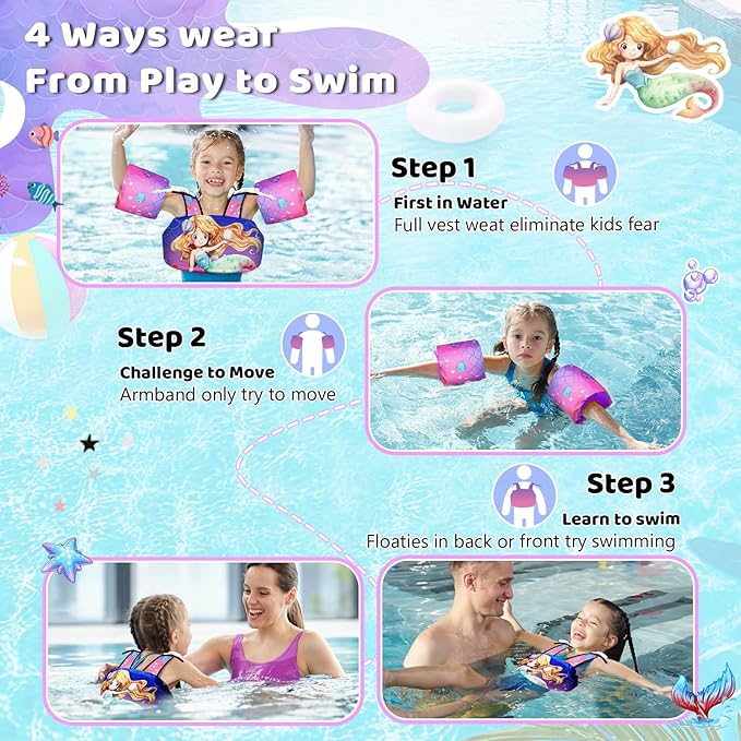 Vvinca Separable Toddler Swim Vest Fit 22-66 Lbs(1-6 Years)|2025 Newest 3 in 1 Pool Float & Arm Bands Boys and Girls, Adjustable Sturdy Safety for Infant 1 2 3 4 5 6 Year