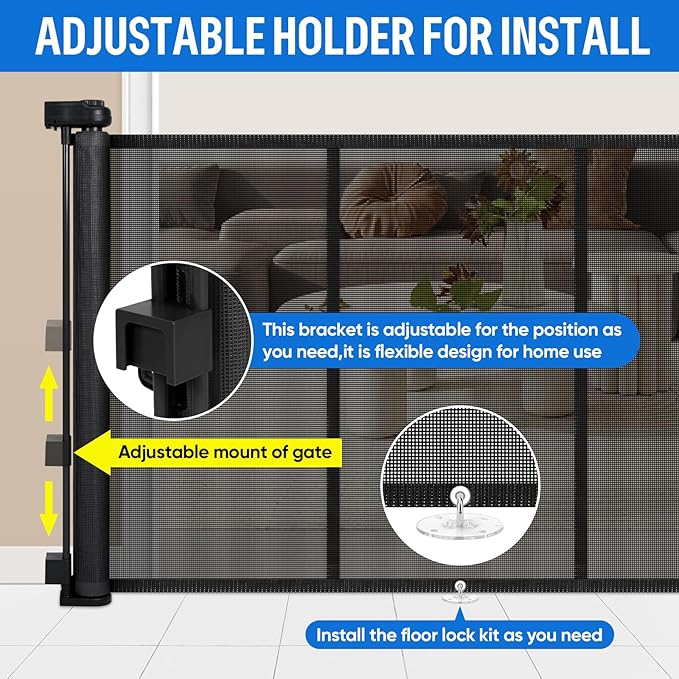 34X100” Extra Wide Safety Retractable Baby Gate, Extra Wide Safety Kids or Pets Gate, 34” Tall, Extends to 100” Extra Wide, Built-in Reinforce Strip Mesh Safety Dog Gate for Stairs (34”X100”, Black)